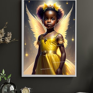 Young Black Fairy Digital download, Enchanted Angelic Yellow fairy, Fantasy, AI Art Print Printable Image stock photo JPEG, AI Art Printable