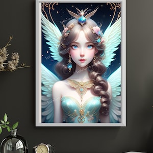 Fantasy Fairy Digital download, Enchanted Angelic Teal fairy, Fantasy, AI Art Print Printable Image stock photo JPEG, AI Art Printable