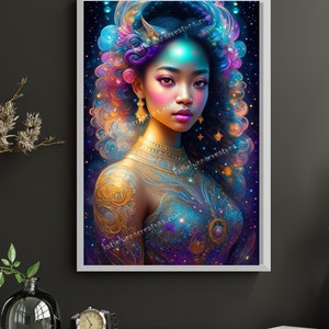 May include: A digital painting of a woman with a colorful, swirling hairstyle and a galaxy-themed body art design. The woman has a blue and green face with pink lips and gold jewelry. The background is a dark blue with stars and swirls of color.