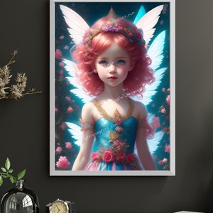 Young girl Fairy Digital download, Enchanted Angelic Red fairy, Fantasy, AI Art Print Printable Image stock photo JPEG, AI Art Printable