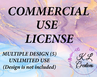 May include: A digital graphic with the words "COMMERCIAL USE LICENSE" in black. Below, it states "MULTIPLE DESIGN (5) UNLIMITED USE (Design is not included)". The background has a watercolor effect with shades of purple, blue, and gold.