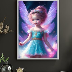 Young girl Fairy Digital download, Enchanted Angelic blue fairy, Fantasy, AI Art Print Printable Image stock photo JPEG, AI Art Printable