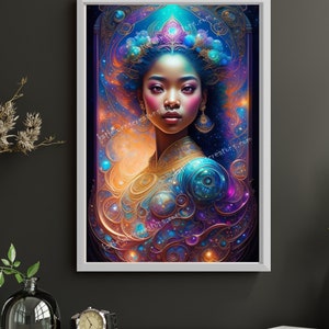 May include: A digital painting of a woman with dark skin and a crown of blue and purple jewels. She is wearing a gold and blue patterned dress and has a galaxy background with swirling colors and stars.