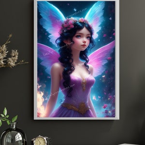 Fantasy Fairy Digital download, Enchanted Angelic purplel fairy, Fantasy, AI Art Print Printable Image stock photo JPEG, AI Art Printable