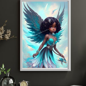 May include: A digital painting of a fairy with blue wings and a turquoise dress. She has dark skin and dark hair. The background is a light blue sky with clouds.