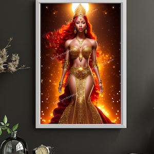 Puede incluir: Una pintura digital de una mujer con el pelo largo y rojo que lleva una corona dorada y un vestido dorado. Está de pie frente a un fondo de luces naranjas y amarillas.