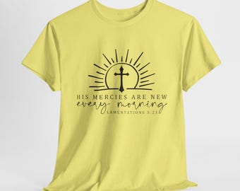 Kristen kors soluppgång unisex t-shirt - hans nåd är ny varje morgon, klagovisorna 3:23, religiösa grafiska kläder, bibelvers