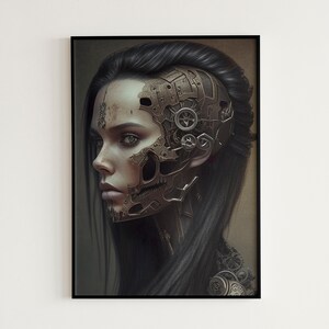 May include: A digital art print depicting a woman with a mechanical face. The woman has long black hair and is looking to the side. The mechanical face is made of metal gears and cogs.