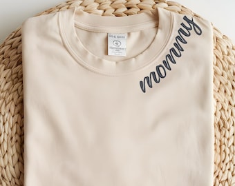 Comfort Colors® Custom Neckline Embroidery,Mama Embroidered Shirt,Personalized Embroidered Shirt,Collar Embroidery Shirt, Name On Neckline