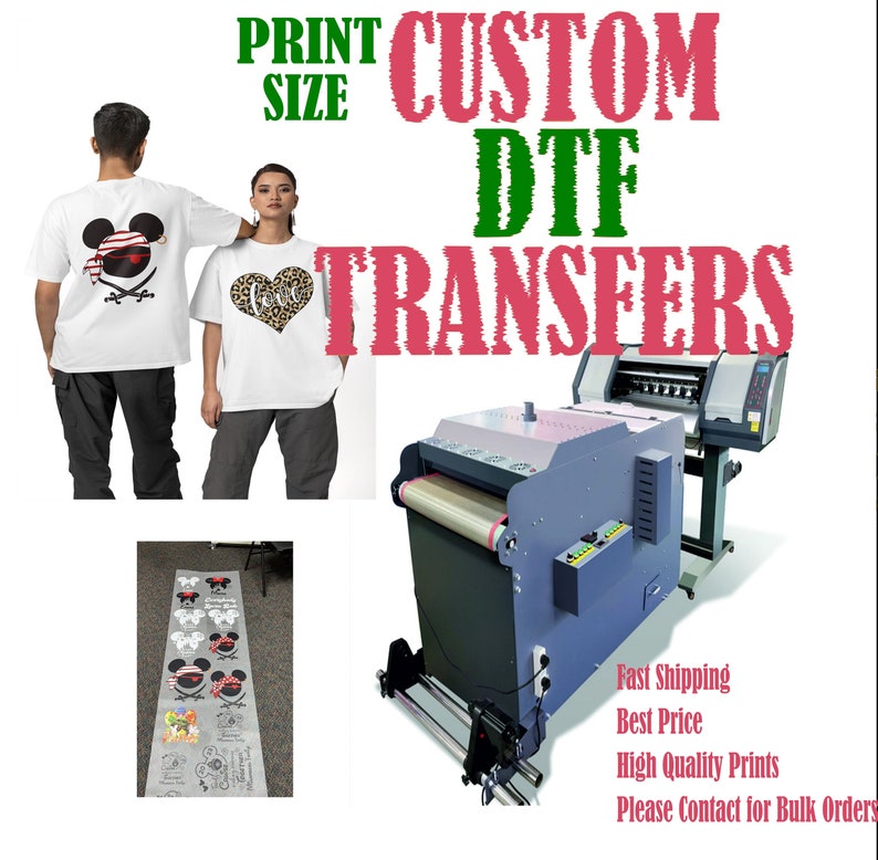 May include: Image showcasing custom DTF transfers. Two people model white t-shirts with graphic designs. A large printing machine is visible, along with a sheet of printed designs. Text includes "PRINT SIZE" and "CUSTOM DTF TRANSFERS."