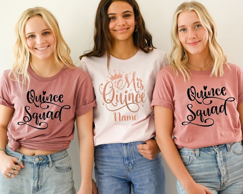 May include: Three women wearing pink and white t-shirts with the text "Quince Squad" and "Mrs. Quince Name".