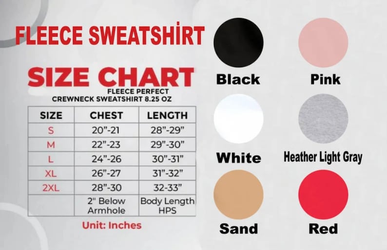 以下が含まれることがあります： 黒、ピンク、白、ヘザーライトグレー、サンド、レッドなど、さまざまな色のフリーススウェットシャツのサイズチャート。チャートには、サイズS、M、L、XL、2XLの胸囲と着丈がインチで表示されています。