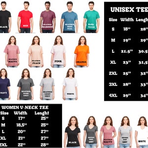 May include: Unisex and women's t-shirts in various colors and sizes. The chart shows the size, width, and length of each shirt in inches. The colors include black, red, heather maroon, heather deep teal, kelly green, heather mauve, heather peach, pink, orange, navy, heather dark grey, heather light grey, and white.