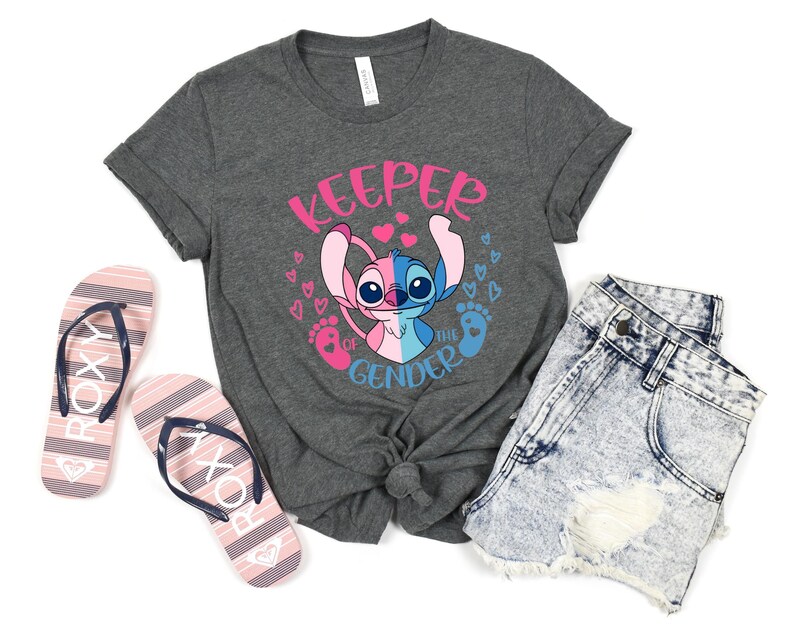 May include: Gray t-shirt with a blue and pink Stitch character and the text "Keeper of the Gender".