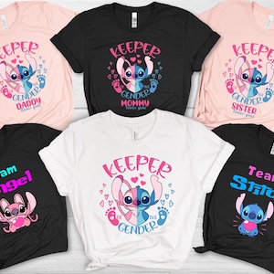 May include: Five t-shirts with a blue and pink Stitch character from Lilo & Stitch. The shirts have the text "Keeper of the Gender" and "Team Angel" and "Team Stitch".