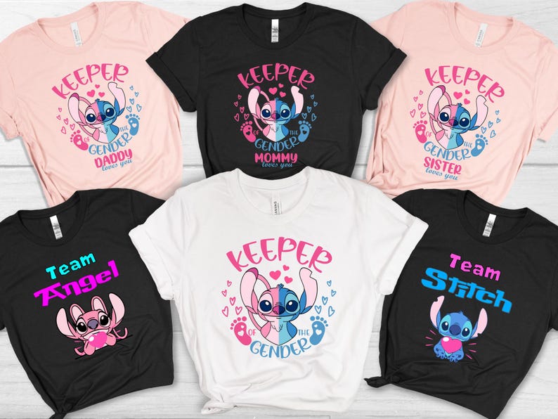 May include: Five t-shirts with a blue and pink Stitch character from Lilo & Stitch. The shirts have the text "Keeper of the Gender" and "Team Angel" and "Team Stitch".