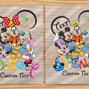 May include: Two Disney-themed designs featuring Mickey Mouse, Minnie Mouse, Donald Duck, Daisy Duck, Goofy, and other characters. The word "Disney" is in colorful letters, with "Custom Text" below. A speech bubble with the word "Text" and Tinkerbell complete the design.