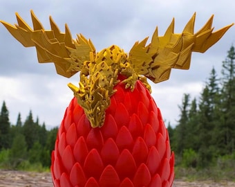 3D Printed Dragon Egg - Black Egg with Gold Dragon - Large Fidget Toy with Flexible Animal, 3D Printed Gift,Figurine Decor, Executive Desk T