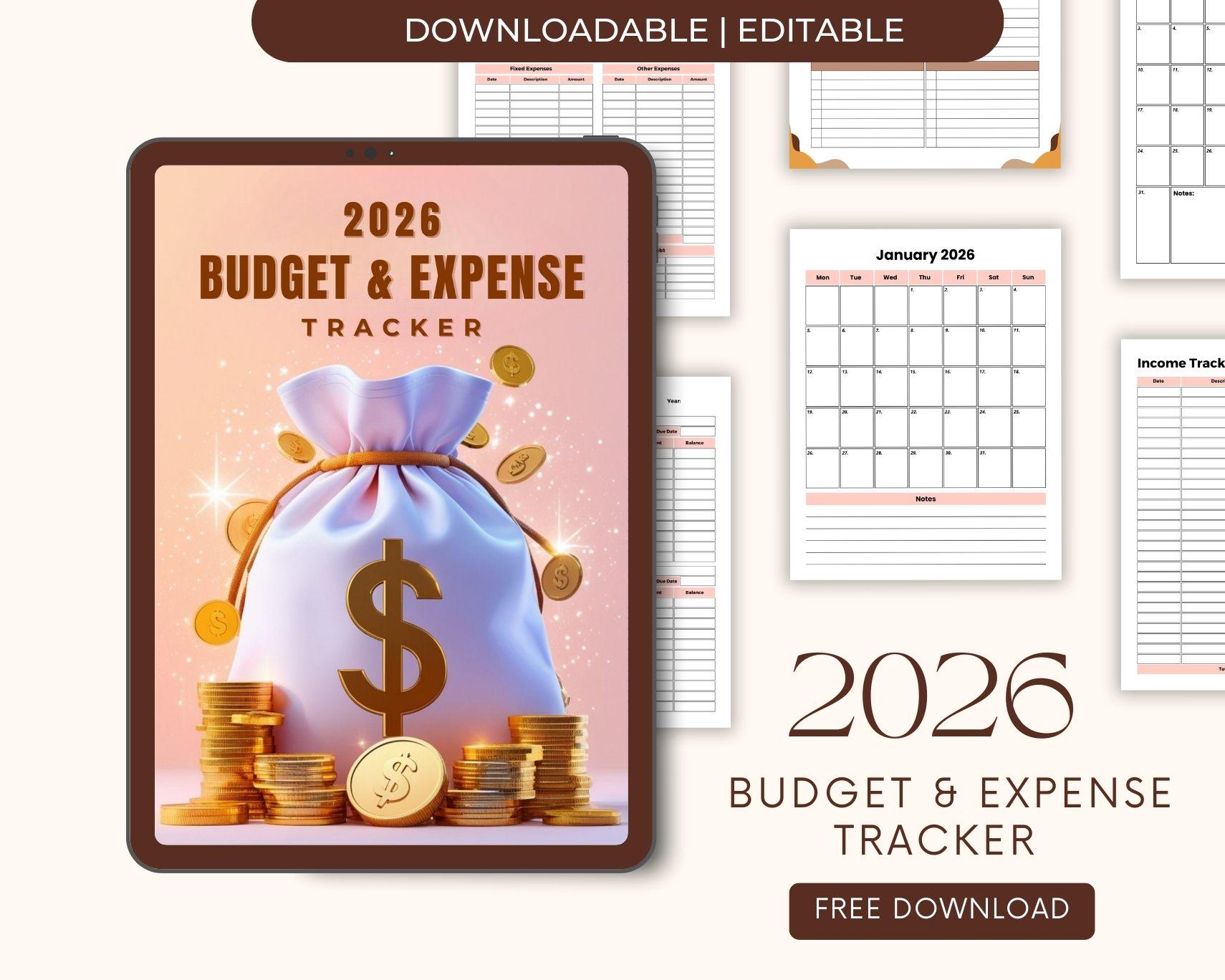 2026 Budget Planner Printable, Expense Tracker PDF, Financial Goals