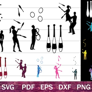 Puede incluir: Clipart en silueta en blanco y negro de personas haciendo malabares, equilibrándose y realizando otros actos de circo. El clipart incluye una variedad de poses y acciones, como hacer malabares con mazas, equilibrarse sobre una pelota y pararse sobre una mano. El clipart es perfecto para usar en una variedad de proyectos, como scrapbooking, creación de tarjetas y diseño web.