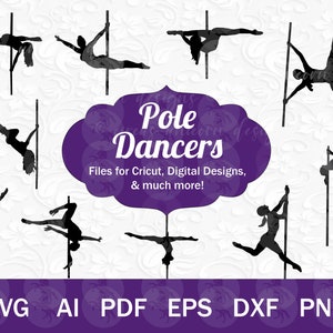 Puede incluir: Un conjunto de 10 imágenes de silueta de bailarinas de pole en varias poses. Las imágenes son en blanco y negro y son adecuadas para usar en diseños digitales, manualidades y otros proyectos. El texto "Pole Dancers" se muestra en una nube morada con un diseño floral.