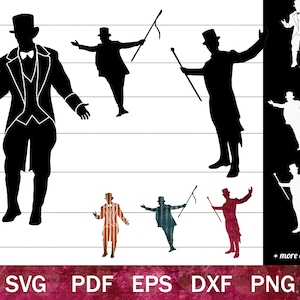 May include: A set of 10 black and white silhouette SVG cut files of a ringmaster holding a cane. The ringmaster is wearing a top hat and a tailcoat. The files are perfect for creating custom crafts, decorations, and more.