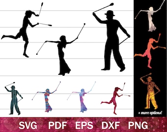 May include: Silhouettes of people juggling with clubs. The image includes a variety of poses and styles, with some people in mid-air and others standing on the ground. The image is set against a white background with black grid lines.