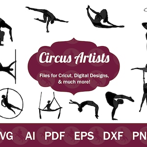 Circusartiest SVG voor Cricut, Circus Clip Art, Acrobat Silhouette Cut Files voor Crafting, Tumbling, Cyr Wheel, Aerialist, Hula Hoop PNG