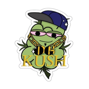 May include: A green cartoon marijuana leaf wearing a blue baseball cap and a gold chain necklace. The leaf has a relaxed expression and the text "OG KUSH" is written below it.