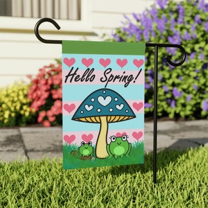 Hello Spring Garden & House Banner, Garden Flag, Spring Yard Decor, Cute Decoration, Frog Family Under Mushroom, Ladybug Outoors