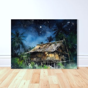 Bahay Kubo Evening Solace Canvas Art Print, Philippines Art, Philippines Painting, Watercolor, Philippines Home Decor, Philippines Gift