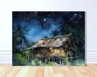 Bahay Kubo Evening Solace Canvas Art Print - Philippines Art, Philippines Painting, Watercolor, Philippines Home Decor, Philippines Gift