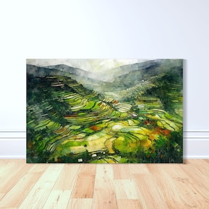 Banaue-rijstterrassen Misty Morning Canvaskunst, Filippijnse kunst, aquarel, Filipijnse kunst, Pinoy-kunst, Filipijns, woondecoratie