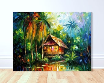 Bahay Kubo Rainforest Reflections Canvas Art Print - Philippines Art, Oil Painting, Filipino Art, Philippines Gift, Philippines Home Decor