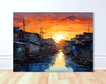 May include: A canvas print depicting a waterside community at sunset. The artwork features a vibrant orange and yellow sky, reflecting in the water. Buildings line the waterway, with laundry hanging outside. The overall theme is a colorful, impressionistic landscape.