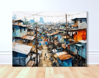 May include: A watercolor painting depicting a densely populated urban area with a network of narrow streets and alleyways. The buildings are primarily made of concrete and brick, with many featuring corrugated metal roofs. The scene is filled with a vibrant mix of colors, including blues, greens, oranges, and reds. The painting captures the energy and chaos of a bustling city.
