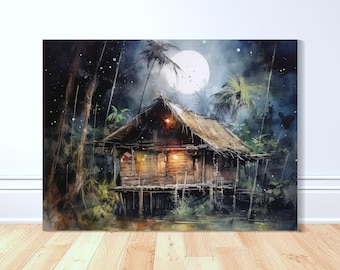 Bahay Kubo Full Moon Canvas Art Print - Water Color, Filipino Art, Philippines Art, Pinoy Art, Filipino, Philippines Gift, Home Decor