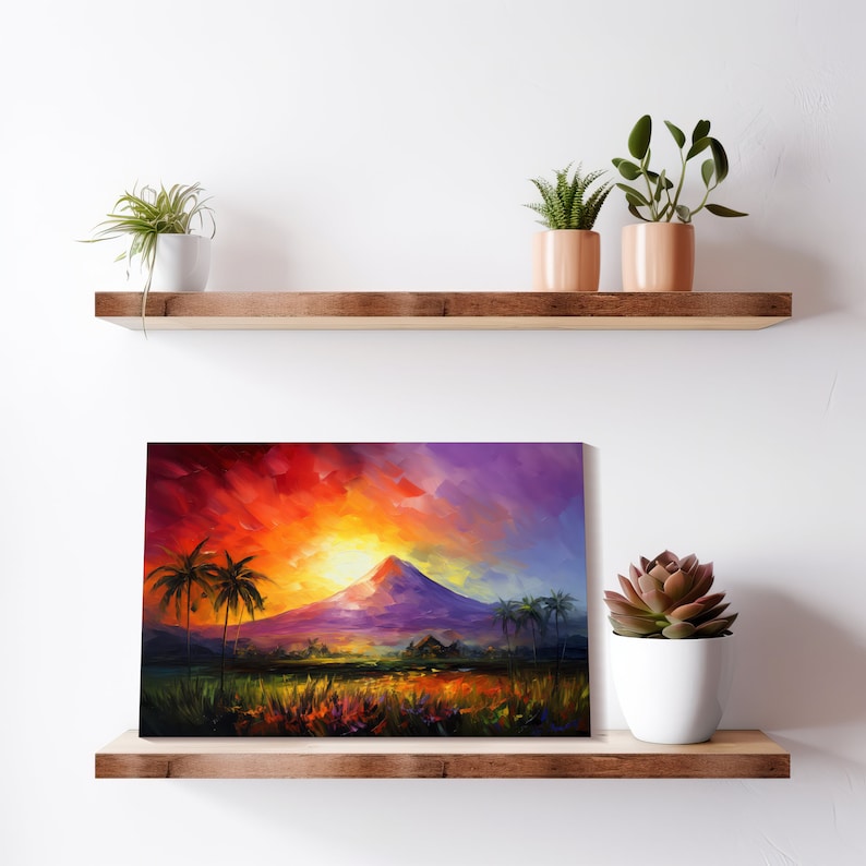 Mount Mayon Sunset Glow Canvas Art Print, Philippines Art, Oil Painting