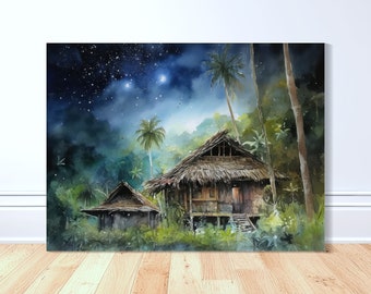 Bahay Kubo Starlit Retreat Canvas Art Print - Watercolor, Filipino Art, Philippines Art, Pinoy Art, Filipino, Philippines Gift, Home Decor