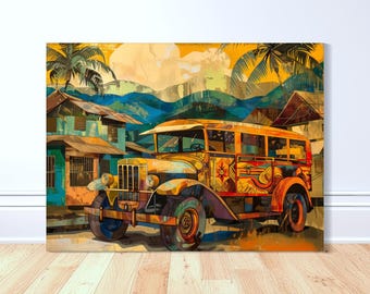May include: A colorful, vintage-style jeepney, a type of public transportation vehicle common in the Philippines, is depicted in a stylized painting. The jeepney is painted in shades of yellow, orange, red, and blue, with intricate patterns and designs. The jeepney is set against a backdrop of a tropical landscape with palm trees and mountains.