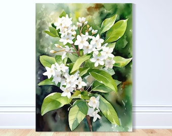 May include: Watercolor painting of a white flower cluster with green leaves on a green and brown background.
