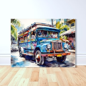 Blue Jeepney Adventure Canvas Art Print, Philippines Art, Watercolor, Filipino Art, Pinoy Art, Filipino, Philippines Gift, Home Decor