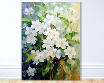 May include: A painting of a bouquet of white flowers with green leaves. The flowers are painted in a realistic style with visible brushstrokes. The background is a soft green and yellow.