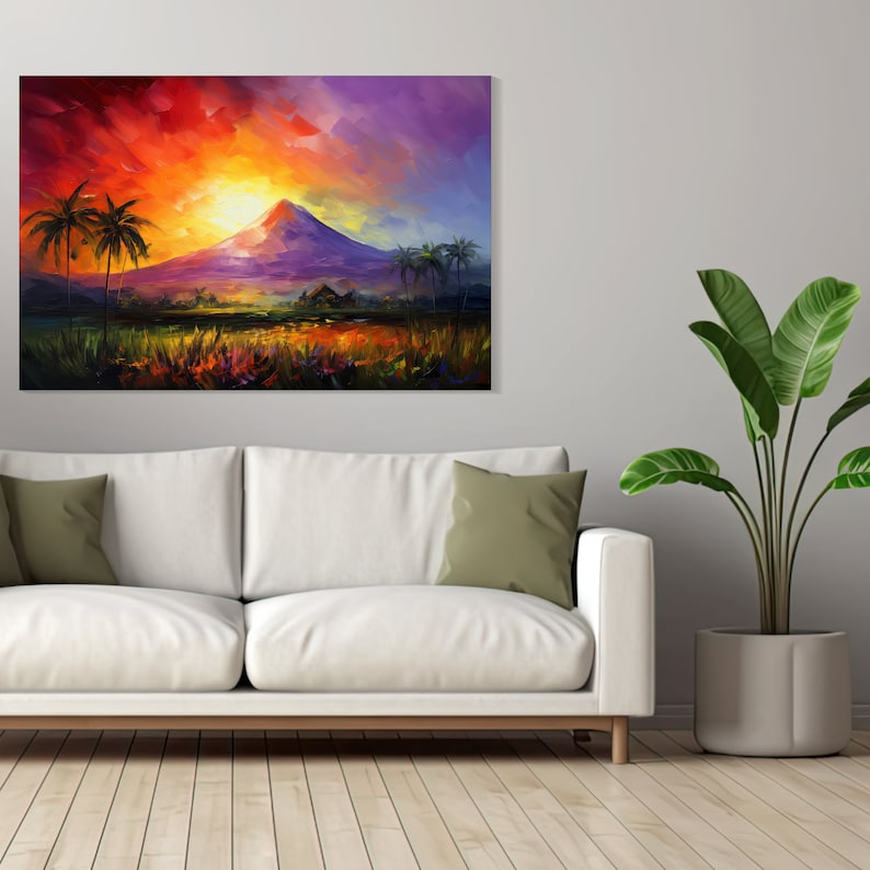 Mount Mayon Sunset Glow Canvas Art Print, Philippines Art, Oil Painting