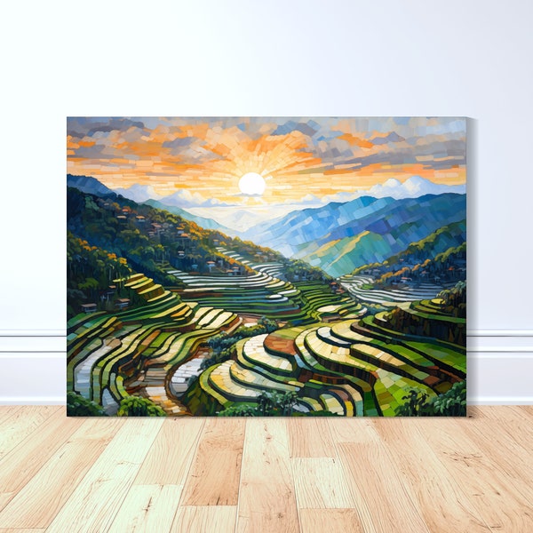 Banaue Rice Terraces Sunrise Canvas Art Print, Philippines Art, Palette Knife Oil Painting, Filipino Art, Pinoy Art, Filipino Home Decor