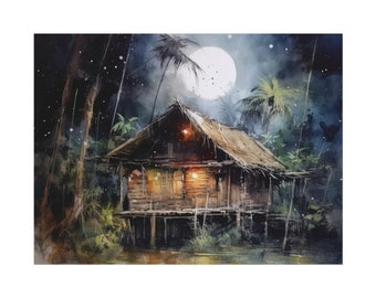 Bahay Kubo Full Moon Art Print - Water Color, Filipino Art, Philippines Art, Pinoy Art, Filipino, Philippines Gift, Home Decor