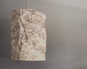 Handmade 100% linen vintage 'Trees 1' print large pendant light shade. Dining or bedroom light - whimsical - nature neutral - made to order