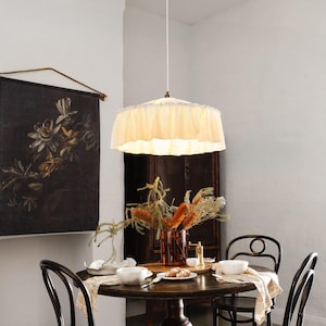 Handmade &#39;Vaucluse&#39; 24&quot; to 39&quot; soft ivory linen ruffle pendant LIGHT SHADE- made to order