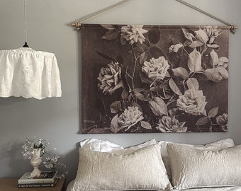 Handmade 100% LINEN Garden Roses floral landscape vintage artwork print - linen wall hanging - ready to hang. made to order