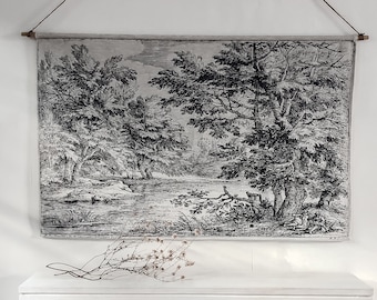 Handmade 100% Linen 'Etching' wall hanging - black and white 17th century vintage Dutch floral toile landscape - made to order